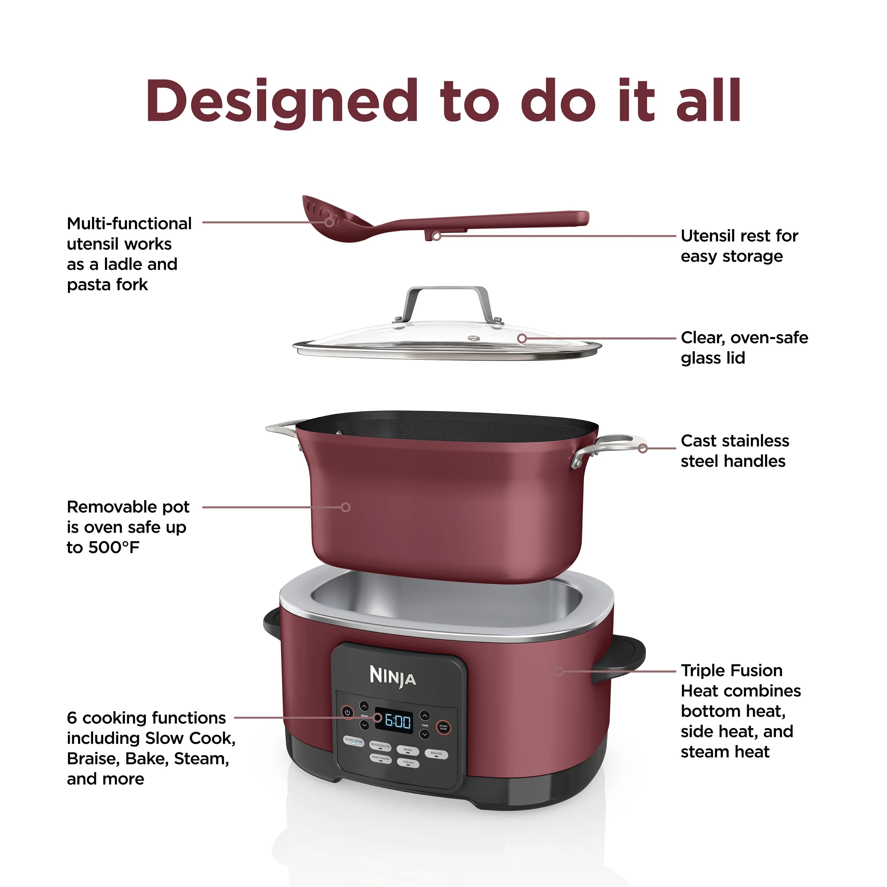 Ninja Foodi Possible Cooker, 8.5 Quart, 6 - in - 1 Multi - Cooker, Slow Cooker, Steamer, Glass Lid Integrated Cooking Utensil, Nonstick, Oven Safe Pot to 500°f, Cherry Tarte, MC1000WM
