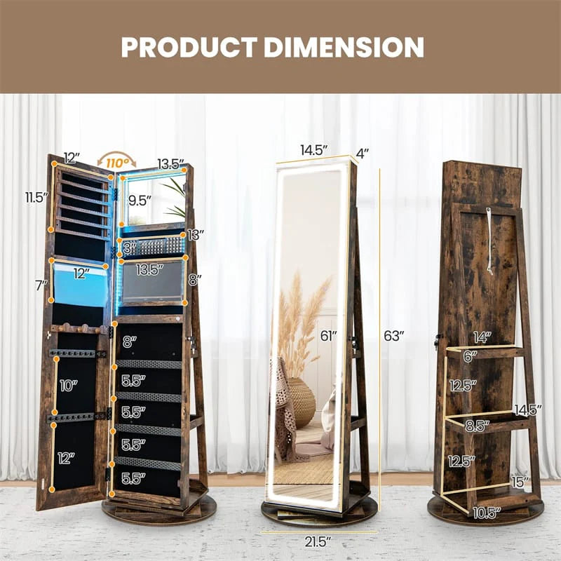 360° Swivel Jewelry Cabinet Armoire w/ Full Length Mirror 3-Color LED Lights & Rear Shelves, Lockable Standing Jewelry Storage Organizer