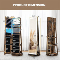 360° Swivel Jewelry Cabinet Armoire w/ Full Length Mirror 3-Color LED Lights & Rear Shelves, Lockable Standing Jewelry Storage Organizer