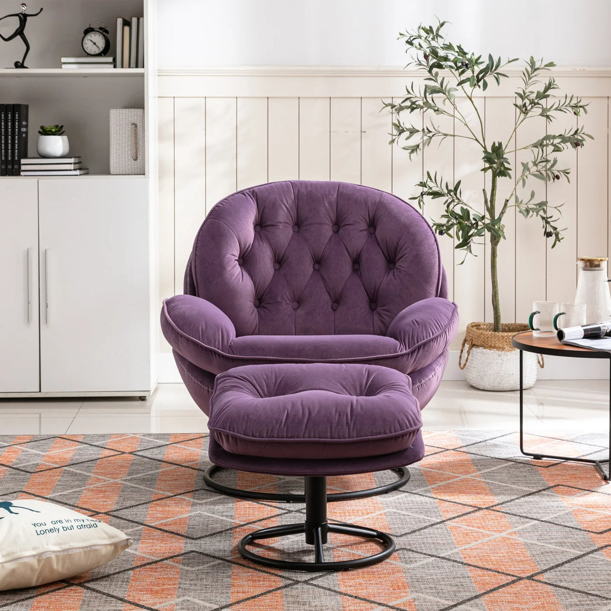 Velvet Swivel Accent Chair with Ottoman, Modern Chaise Lounge Chair with Metal Frame and Footstool, Comfy Armchair Reading Chair for Living Room Bedroom Office, Blue