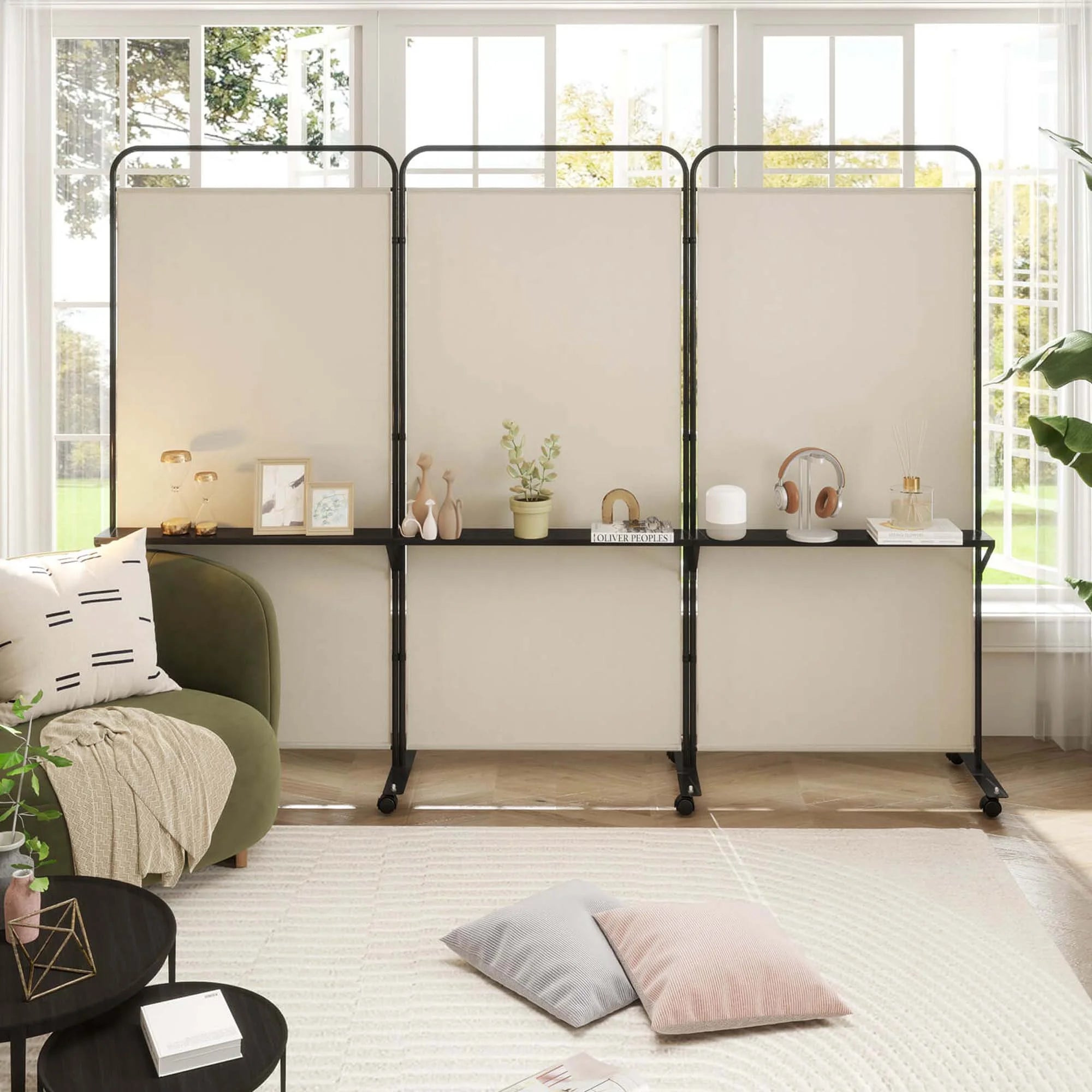 Costway 3 - Panel Room Divider with Storage Shelves 6FT Tall Folding Privacy Screen on Wheels Black