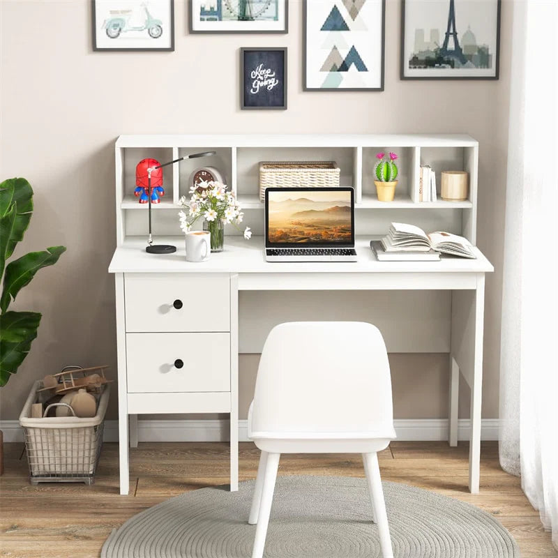 48" Home Office Desk with Power Outlets, USB & Type-C Charging Station, Modern Writing Desk w/ 5-Cubby Hutch & Drawers for Study Makeup Vanity