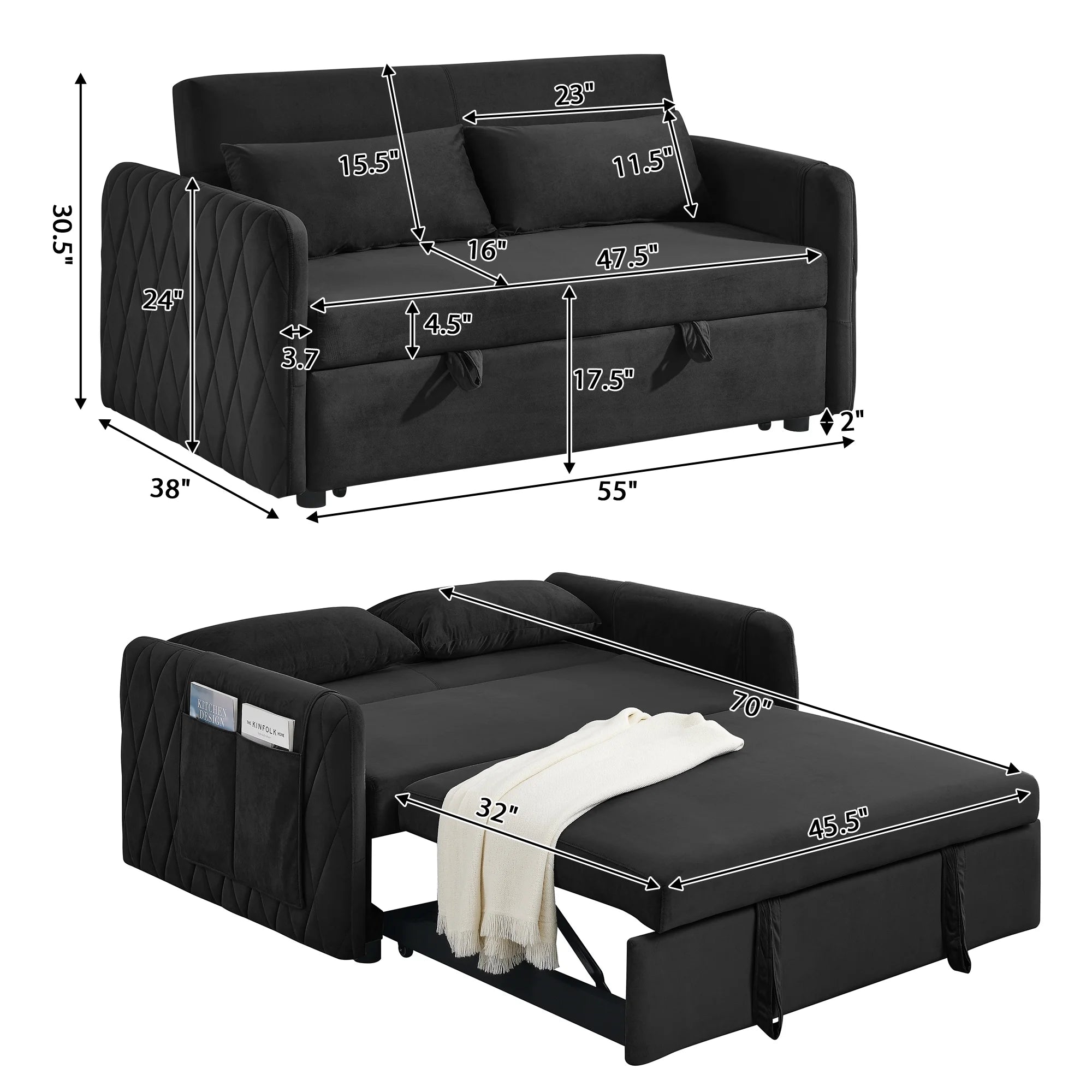 Convertible Sofa Bed, 3 in 1 Sleeper Sofa with 2 Pillows and Adjustable Backrest for Living Room Office, Black