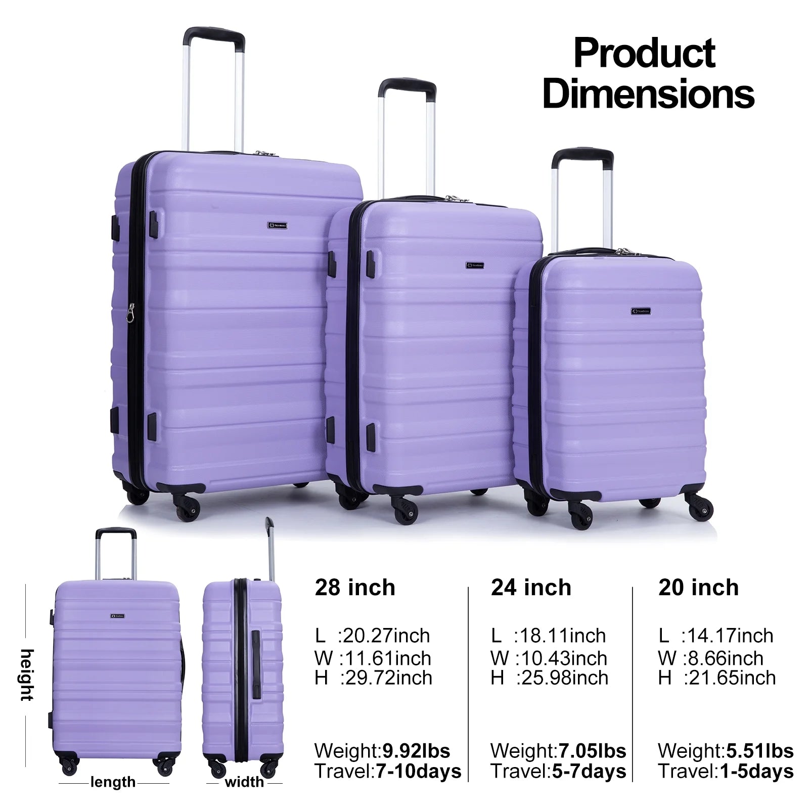Tripcomp Hardside Luggage Set 3 - Piece Set (21/25/29) Lightweight Suitcase 4 - Wheeled Suitcase Set(Purple)