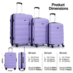Tripcomp Hardside Luggage Set 3 - Piece Set (21/25/29) Lightweight Suitcase 4 - Wheeled Suitcase Set(Purple)