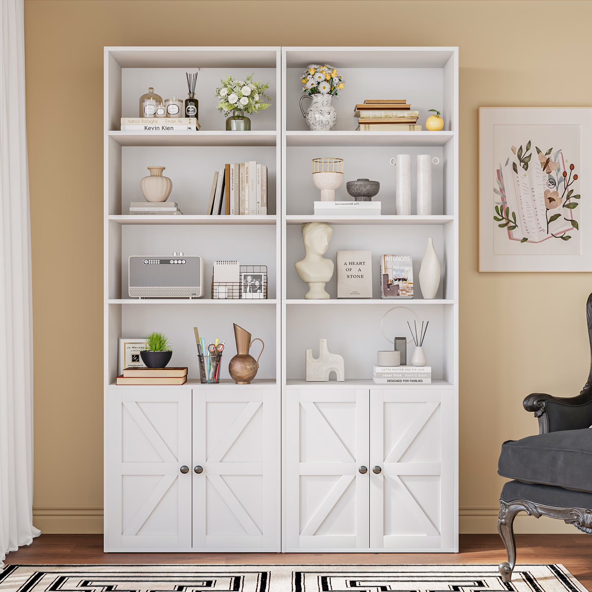 Furmax 1 Piece 4 - Shelf Farmhouse Bookcases 4 - Tier Bookshelf with Adjustable Shelves&Doors, Storage Cabinet for Home Living Room, Kitchen, Office, White