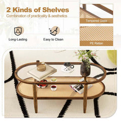 2-Tier Oval Boho Coffee Table with Tempered Glass Top, Rattan Shelf & Acacia Wood Frame, Mid Century Modern Center Table for Living Room Office