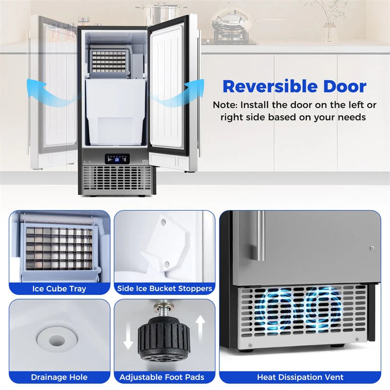 110 LBS/24H Commercial Ice Maker, 15" Built-in Undercounter Ice Machine with 25 LBS Storage & Reversible Door for Home Bar, Restaurant