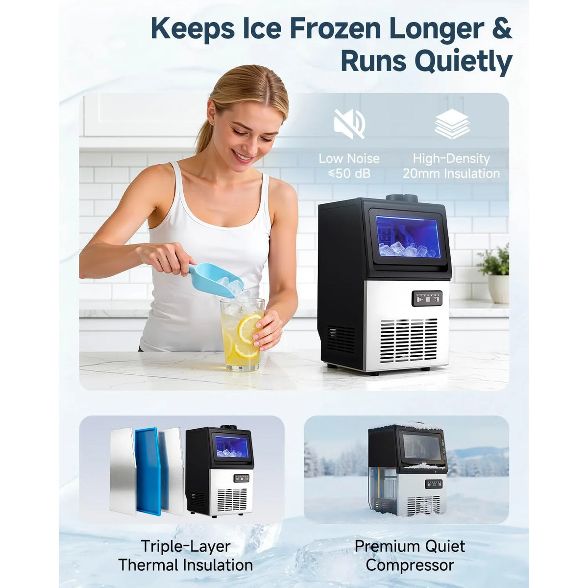 AECOJOY Commercial Ice Maker 90 lbs/24H, Stainless Steel Under Counter Ice Machine with 22 lbs Storage