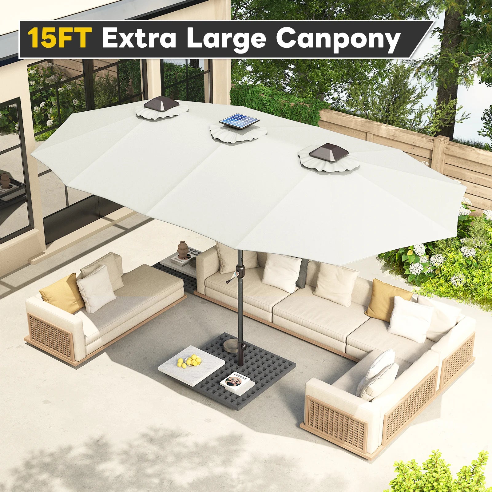 AECOJOY 15ft Patio Double-Sided Umbrella, 156 PCS Solar LED Light Outdoor Large Umbrella, Ivory