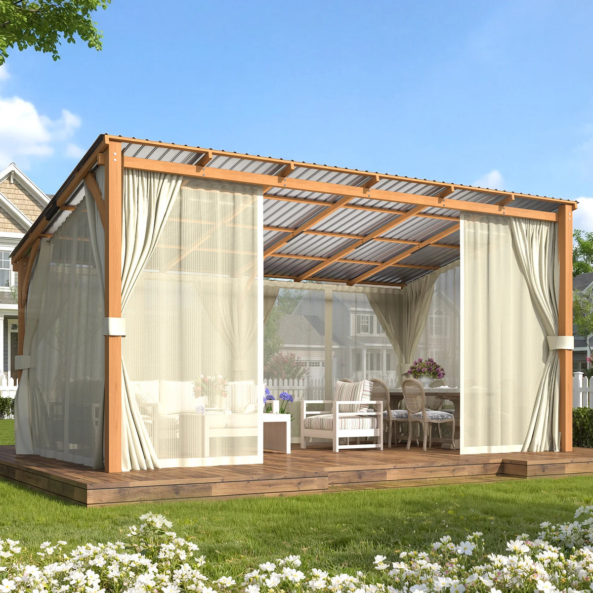 AECOJOY 16x10 Outdoor Wooden Pergola Gazebo with Curtains and Netting for Patio