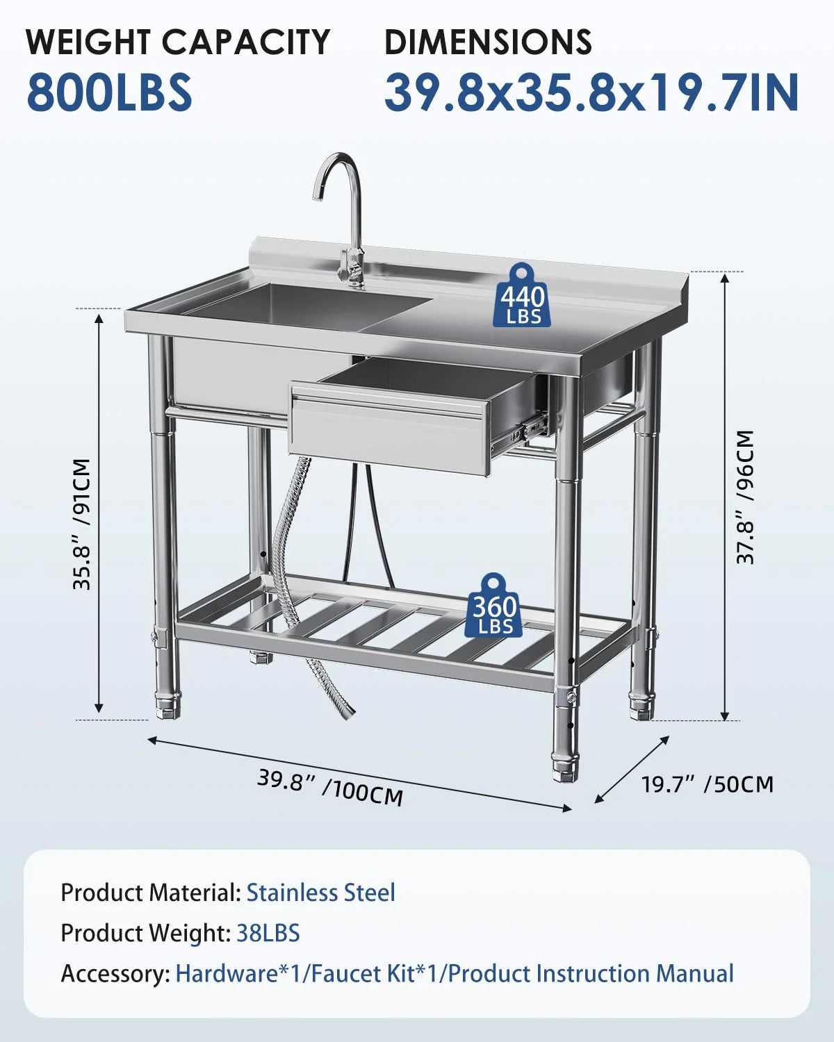 AECOJOY Stainless Steel Utility Sink, Free Standing Single Bowl Commercial Kitchen Sinks with Faucet
