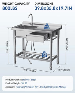 AECOJOY Stainless Steel Utility Sink, Free Standing Single Bowl Commercial Kitchen Sinks with Faucet