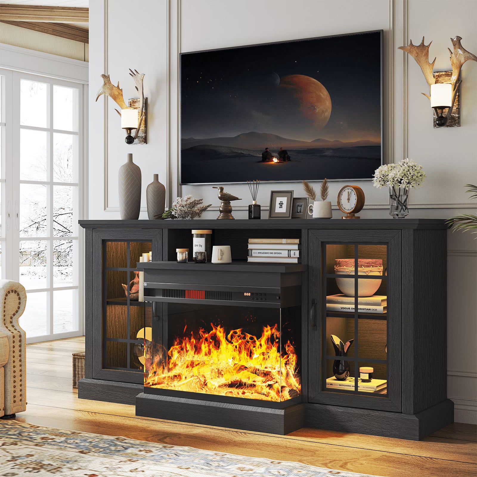 Easoger Fireplace TV Stand for Tvs up to 65", 12 Flame Colors&12 LED Light Colors, TV Console with 3-Sided Glass Fireplace, for Living Room, Gray