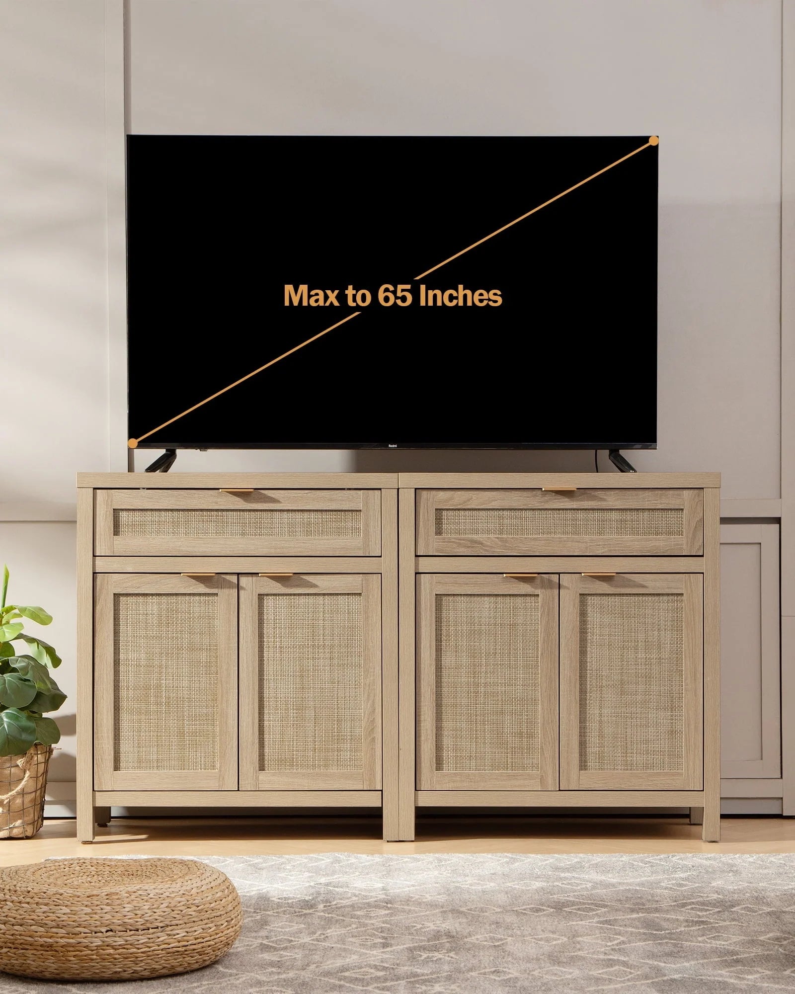 Nopurs Rattan Sideboard Buffet Cabinet Set of 2, Boho Storage Cabinet Buffet Table with Doors and Drawer, Coffee Bar Cabinet for Kitchen Entryway Living Dining Room, Light Oak