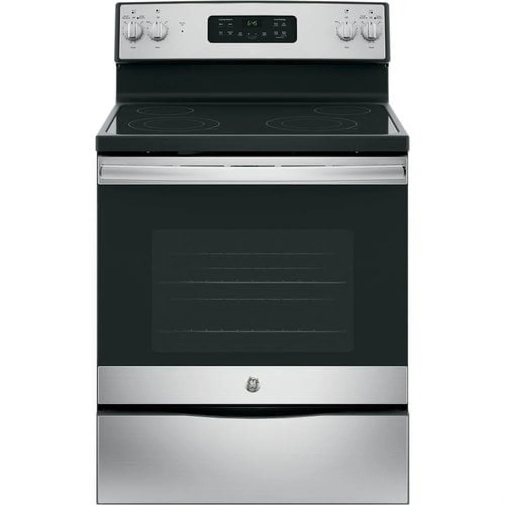 Ge? Appliances 30??free - Standing Electric Range Model JB645RKSS in Stainless Steel. APPROXIMATE DIMENSIONS (Hxwxd) 47 Height x 29 7/8 Width x 28 Dimension In. Two 9"/6" Power Boil Elements, Self - Clean Oven and Dual - Element Bake