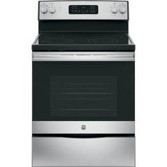 Ge? Appliances 30??free - Standing Electric Range Model JB645RKSS in Stainless Steel. APPROXIMATE DIMENSIONS (Hxwxd) 47 Height x 29 7/8 Width x 28 Dimension In. Two 9"/6" Power Boil Elements, Self - Clean Oven and Dual - Element Bake