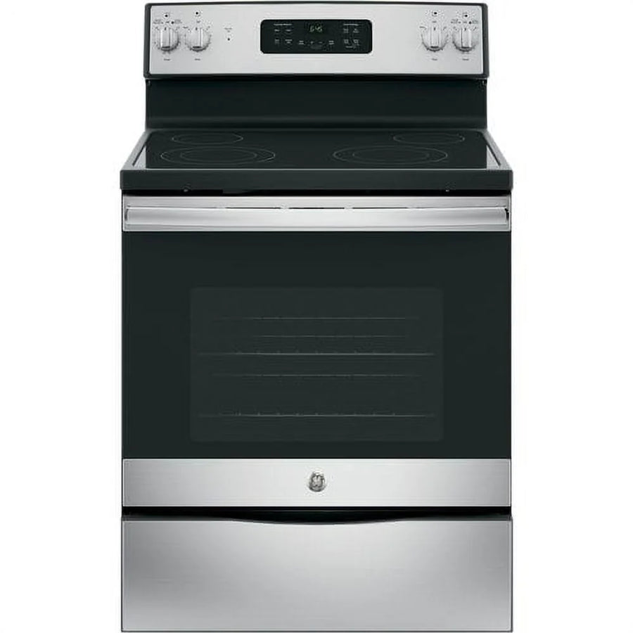 Ge? Appliances 30??free - Standing Electric Range Model JB645RKSS in Stainless Steel. APPROXIMATE DIMENSIONS (Hxwxd) 47 Height x 29 7/8 Width x 28 Dimension In. Two 9"/6" Power Boil Elements, Self - Clean Oven and Dual - Element Bake