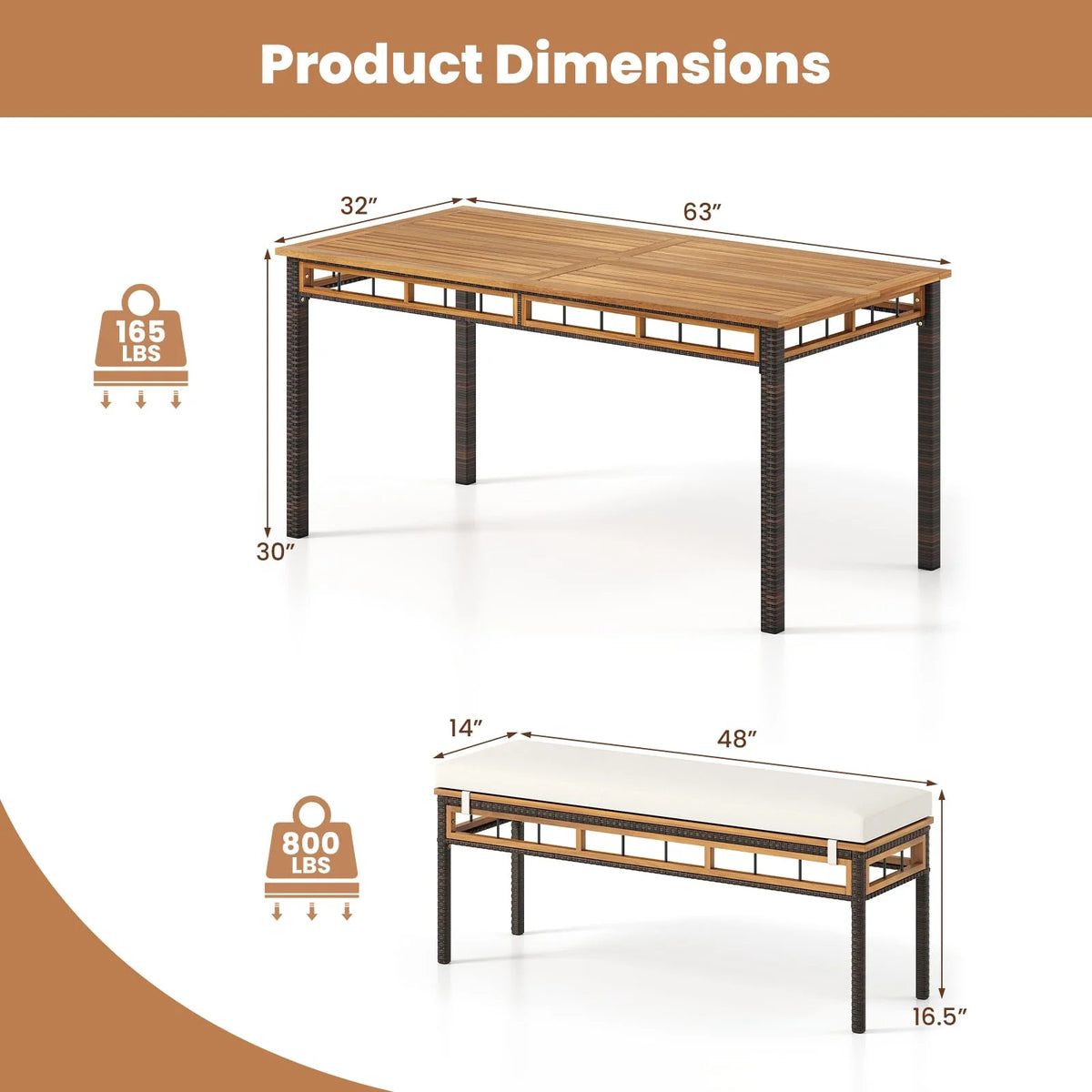 Tangkula 3 Pieces Wood Patio Dining Set