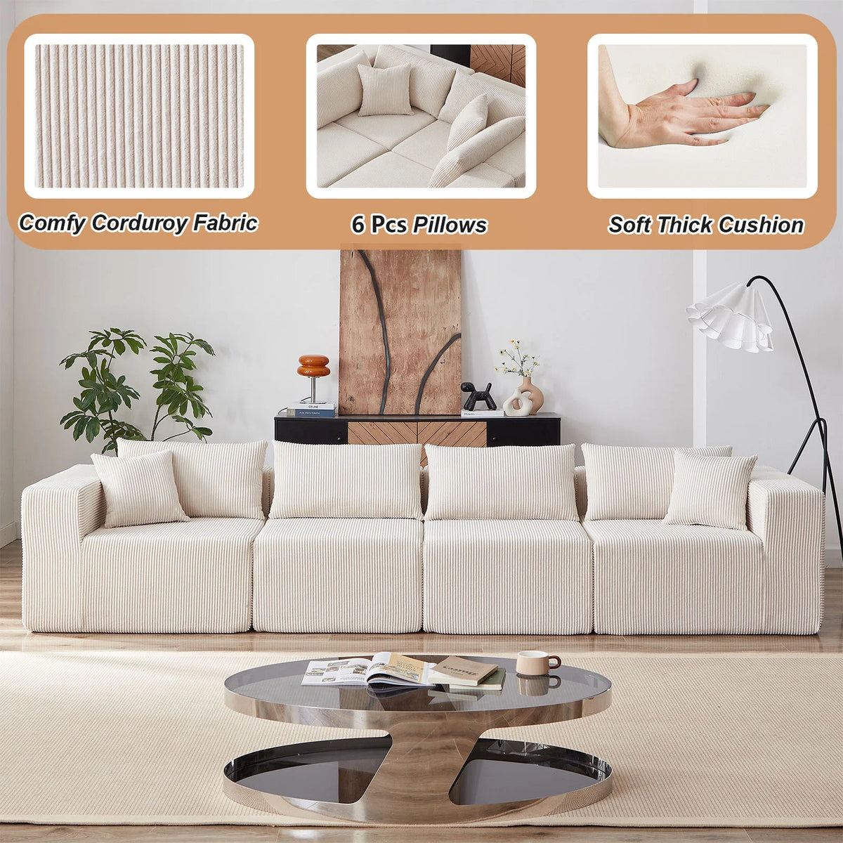 104 - Inch Corduroy Modular L Shaped Sectional Sofa, Luxury Floor Couch Set, Upholstered Indoor Furniture, Foam - Filled Compressed Sofa for Living Room, Bedroom, 4 PC Free Combination ?