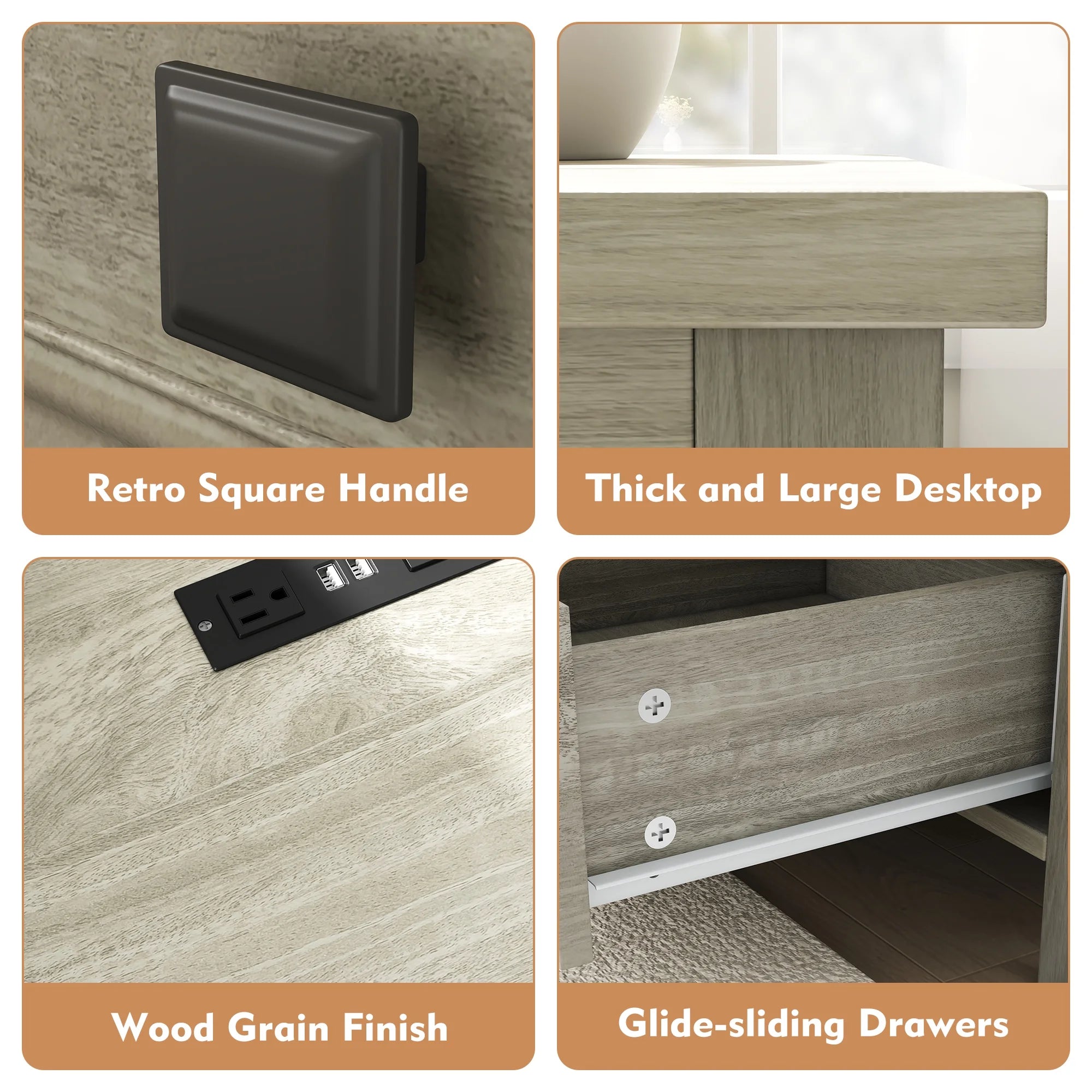 IDEALSOUL Nightstand, Bedside Table with Charging Station, Farmhouse 3 Drawer Nightstand Rustic Night Stand End Tables for Bedroom Living Room, Gray
