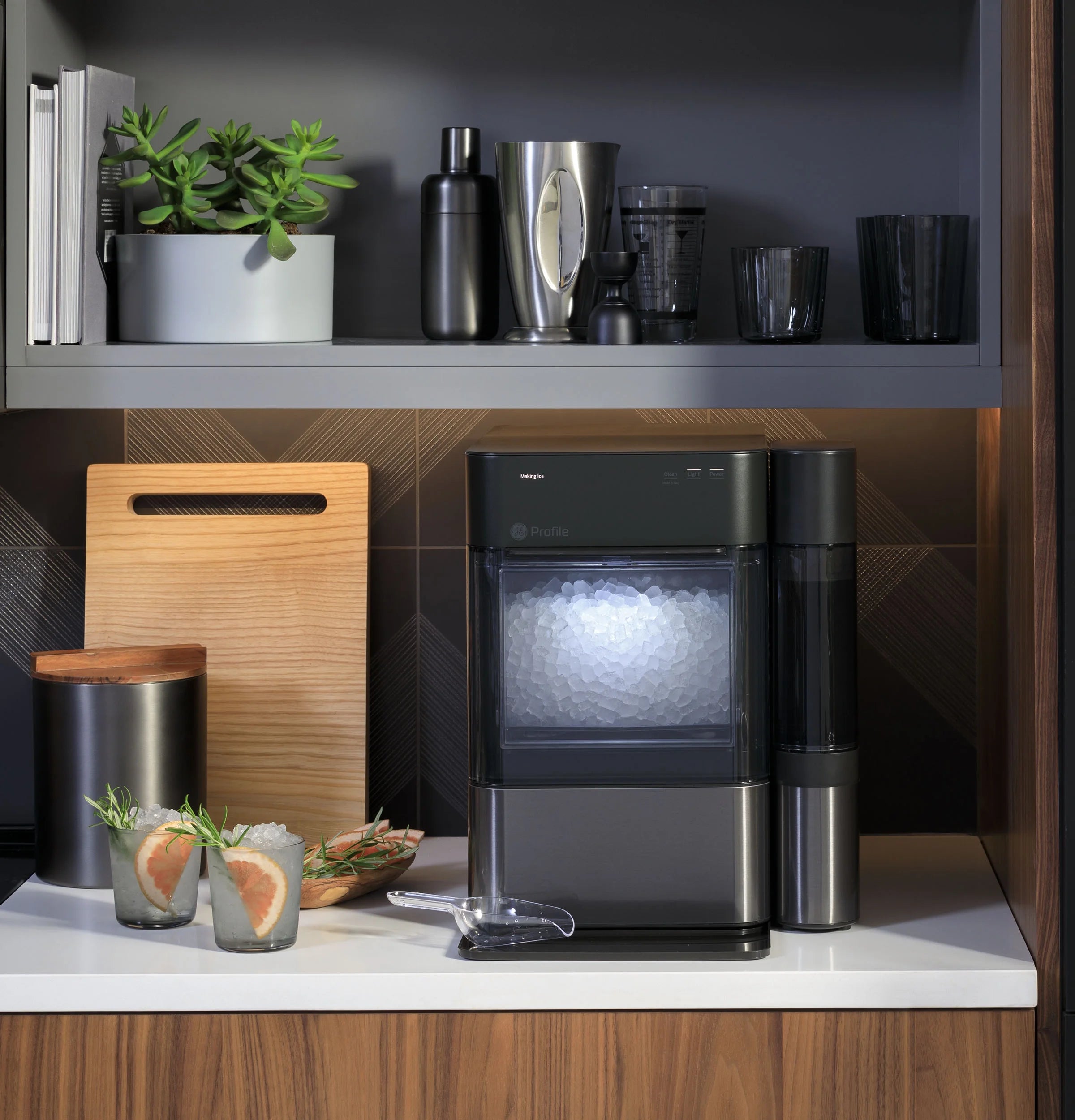 GE Appliances 38 lb Capacity Built - in Ice Maker, Black Stainless Steel