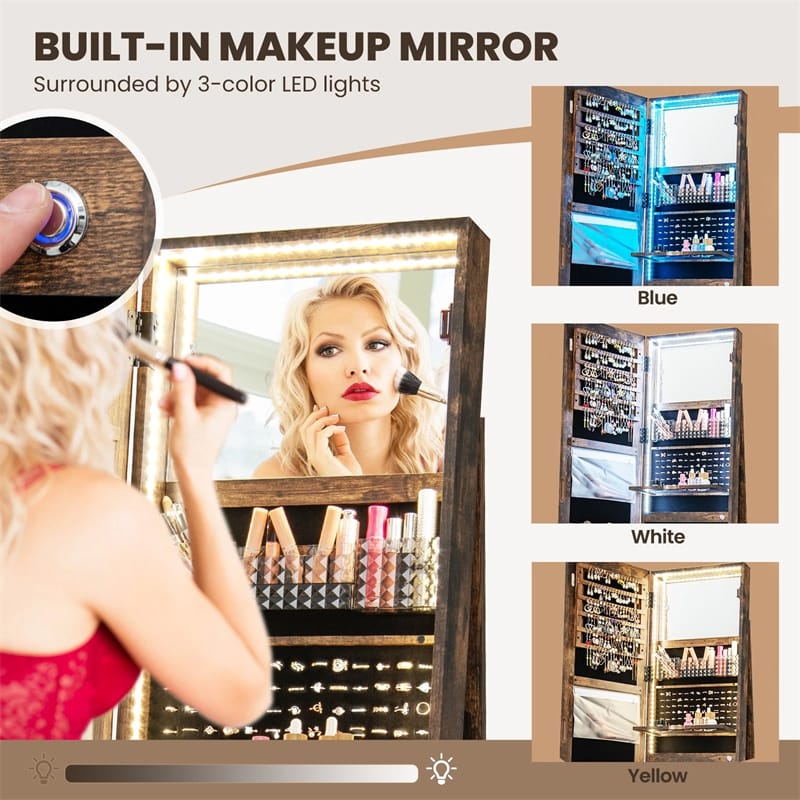 360° Swivel Jewelry Cabinet Armoire w/ Full Length Mirror 3-Color LED Lights & Rear Shelves, Lockable Standing Jewelry Storage Organizer