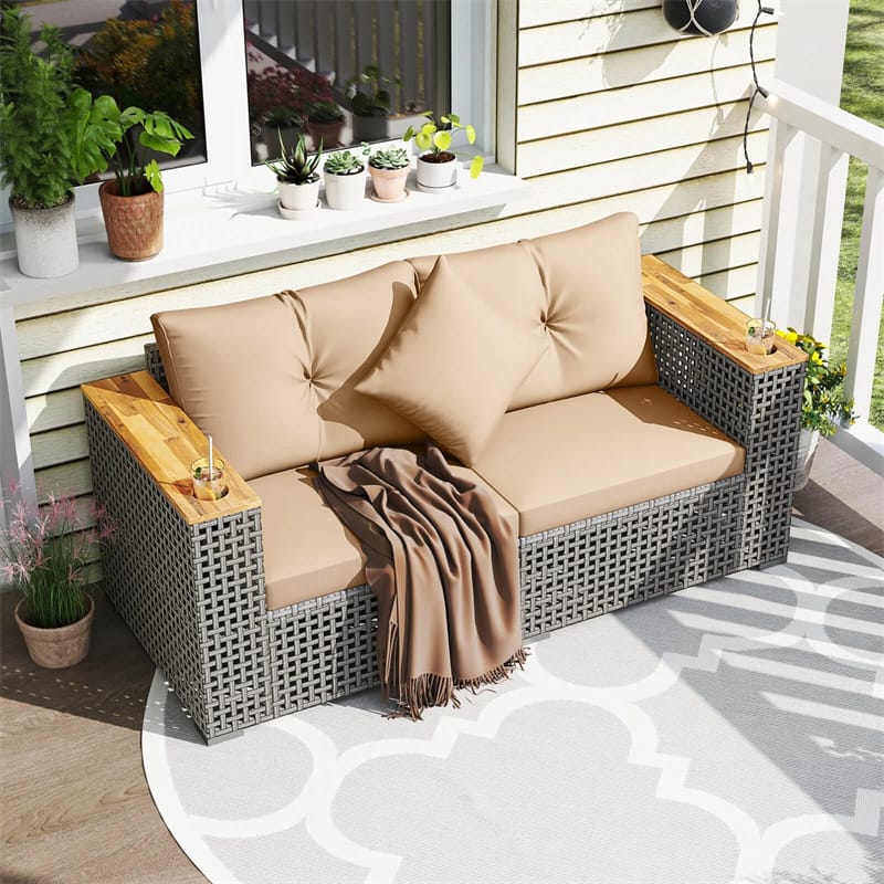 62.5" Patio Wicker Loveseat w/ Acacia Wood Armrests & Cup Holders, 2PCS Modular Rattan Corner Sectional Sofa w/ Cushions & Pillows for Backyard