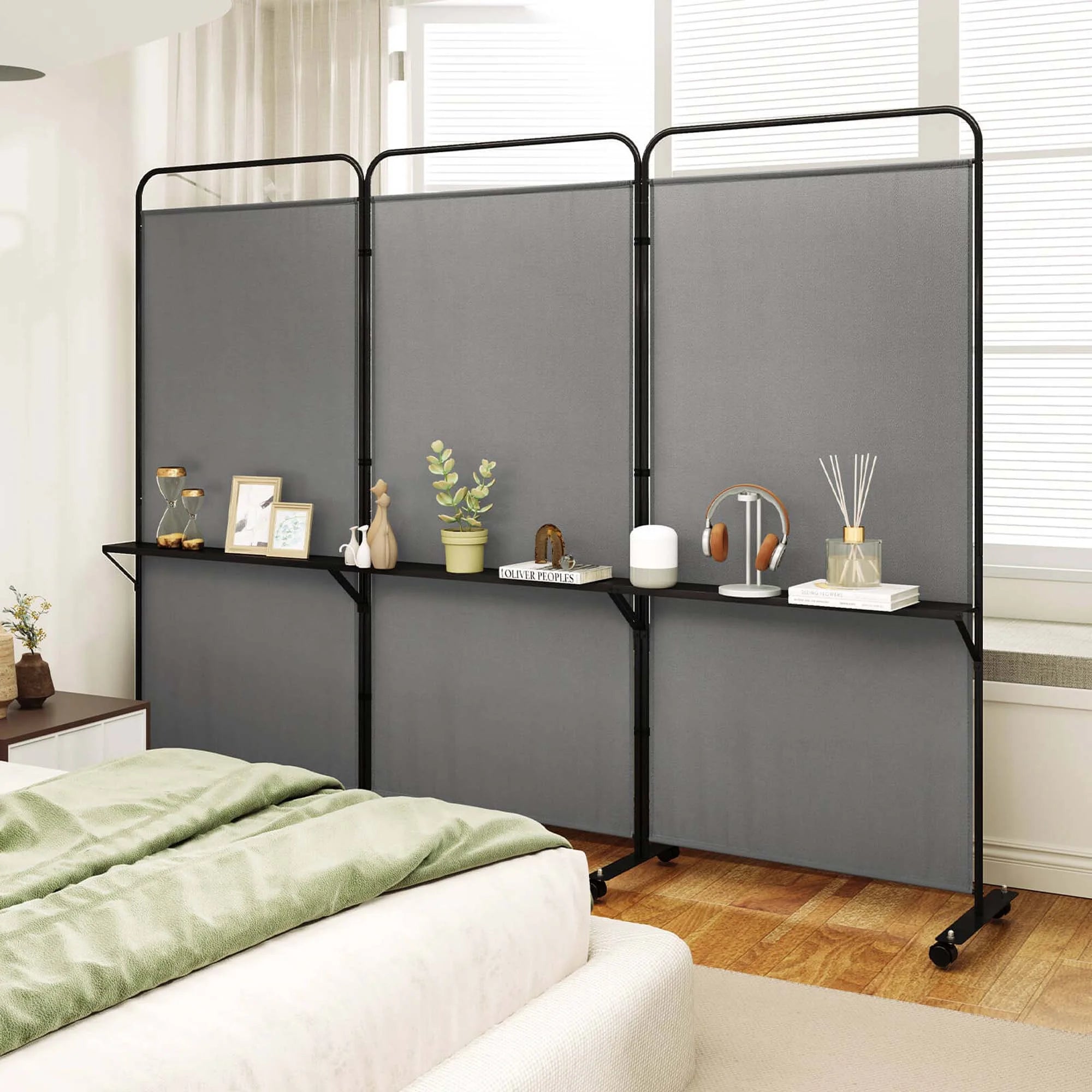 Costway 3 - Panel Room Divider with Storage Shelves 6FT Tall Folding Privacy Screen on Wheels Black