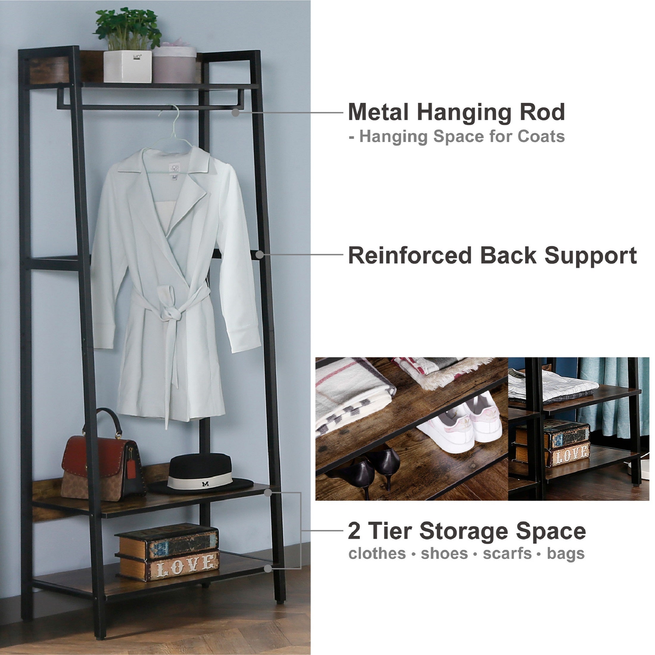JJS 33" Entryway Coat Rack, Industrial Rustic Hall Tree Shoe Bench with Storage Drawers and Shelf for Hallway, Wood Look Accent Furniture with Metal Frame, Rustic Brown