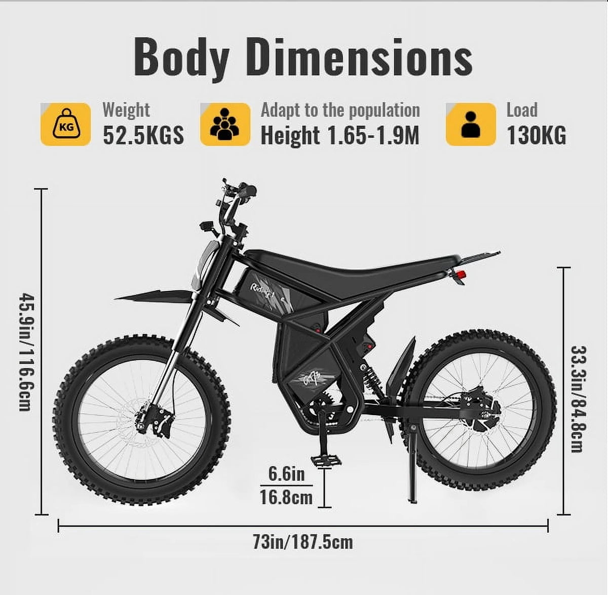 2000W Electric Dirt Bike for Adults Ridingtimes GT73 UL2849, Brushless Hub Motor, 18.2ah*2 Electric Bike with 25\ Tires Digital Screen Carbon Steel