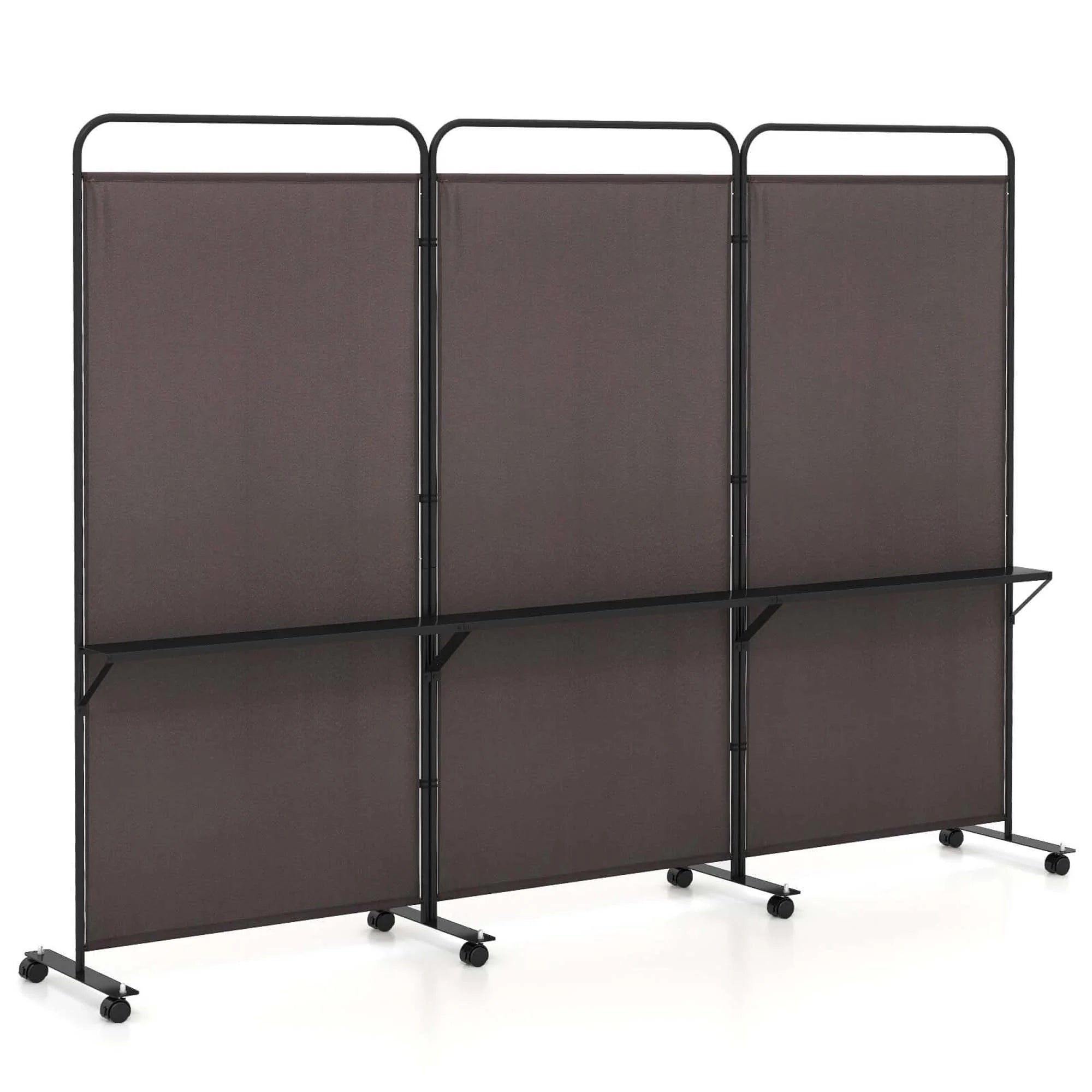 Costway 3 - Panel Room Divider with Storage Shelves 6FT Tall Folding Privacy Screen on Wheels Black