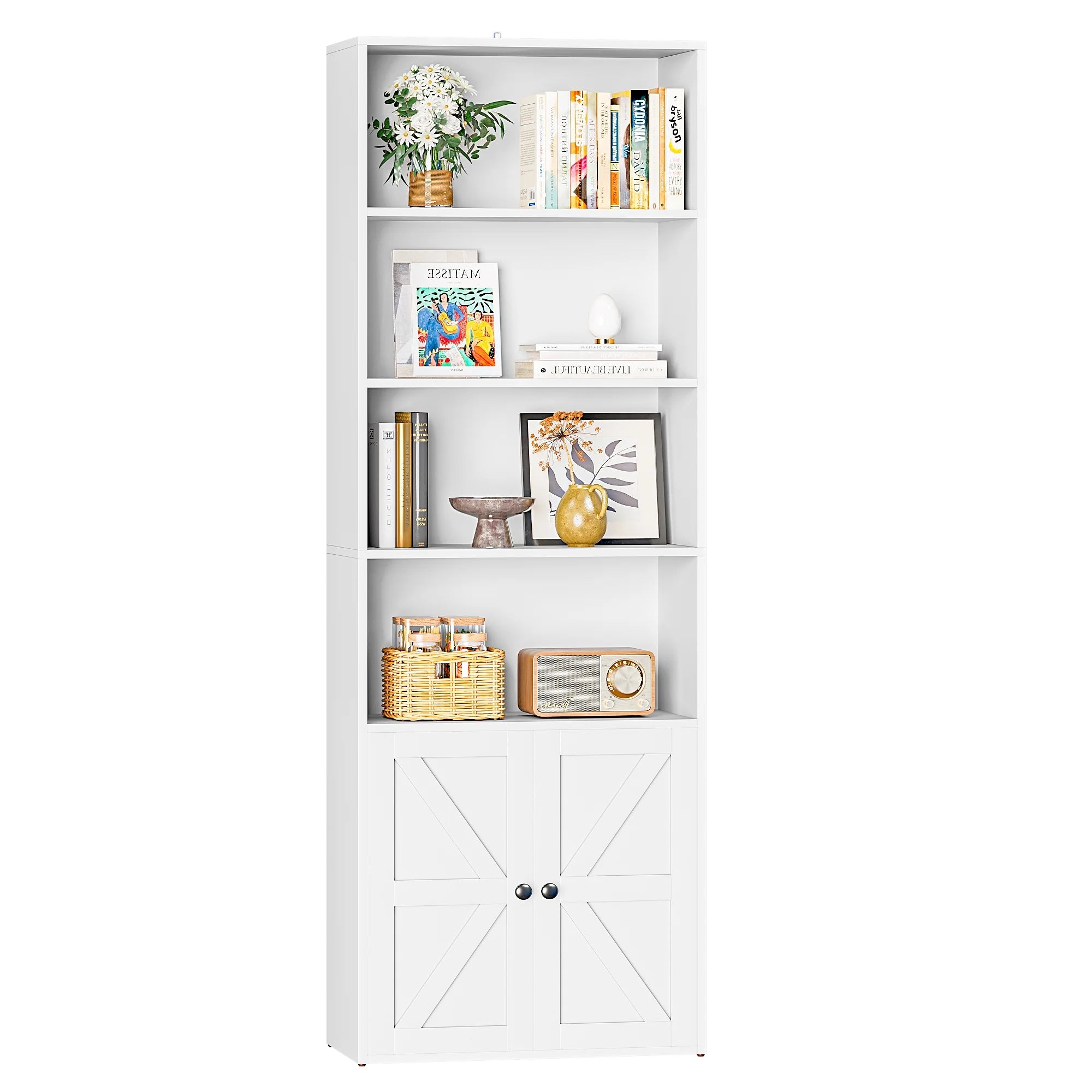 Furmax 1 Piece 4 - Shelf Farmhouse Bookcases 4 - Tier Bookshelf with Adjustable Shelves&Doors, Storage Cabinet for Home Living Room, Kitchen, Office, White