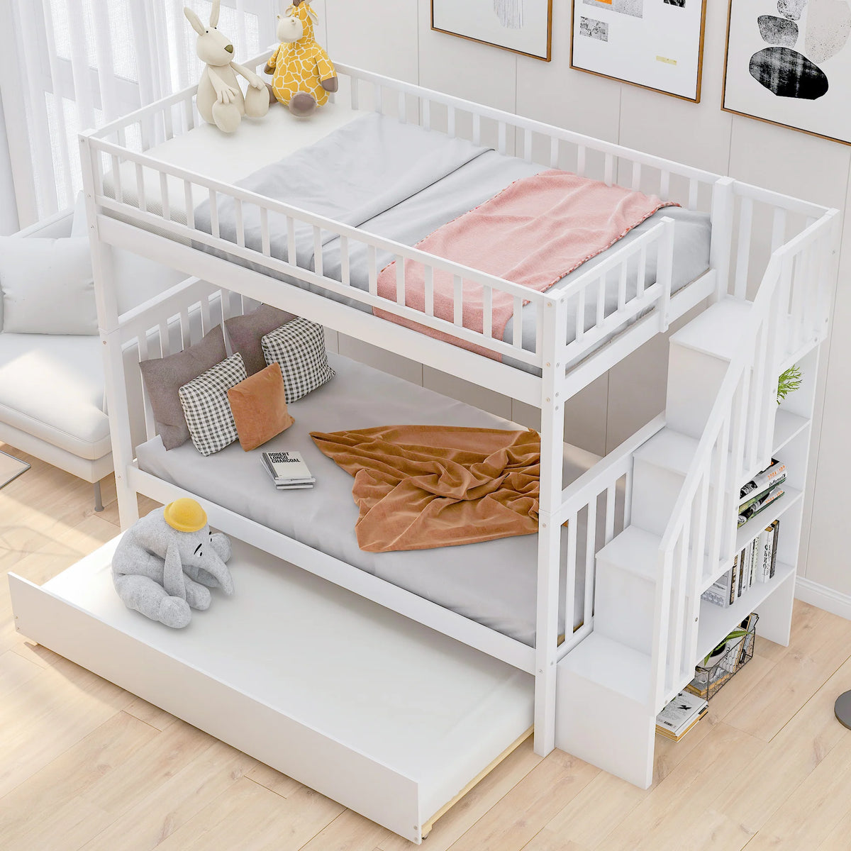 AECOJOY Twin Over Twin Bunk Bed with Trundle and Storage, Solid Pine Wood White