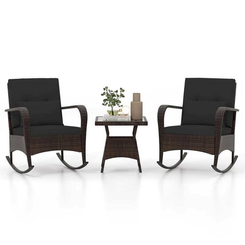 3-Piece Outdoor Wicker Rocking Chair Set, Rattan Bistro Rocker Furniture with Cushions & Pillows, Tempered Glass Coffee Table for Porch Balcony