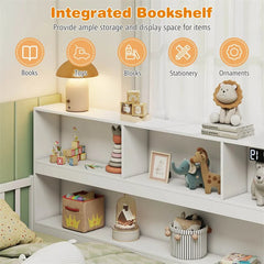 Twin Montessori Floor Bed, Wood Floor Bed Frame with Bookcase, Storage Shelves & Safety Fence Rails for Kids, No Box Spring Needed