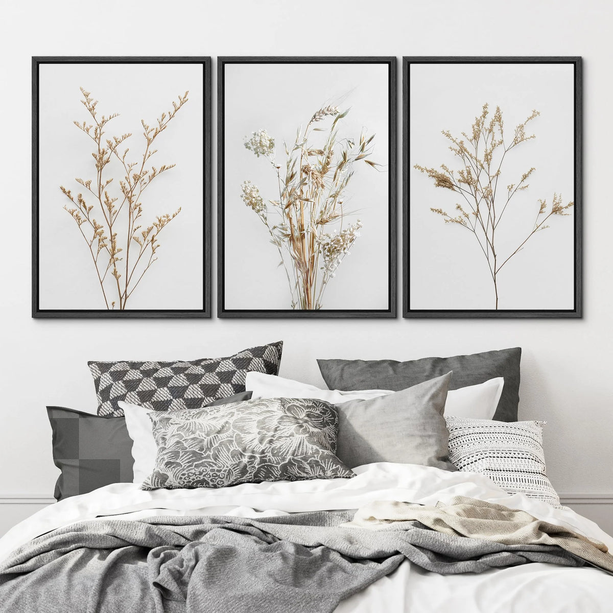 IDEA4WALL Framed Canvas Print Wall Art Set of 3 Wildflower Floral Botanical Prints, Modern Farmhouse Flowers Wall Decor, Large Wall Art, Minimalist Artwork for Home Decor - Black 16"x24"x3