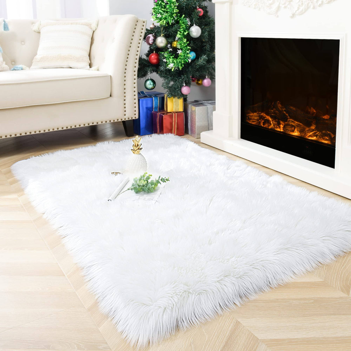 Noahas Luxury Fluffy Rugs Bedroom Furry Carpet Bedside Sheepskin Area Rugs Children Play Princess Room Decor Rug, 3ft x 5ft White