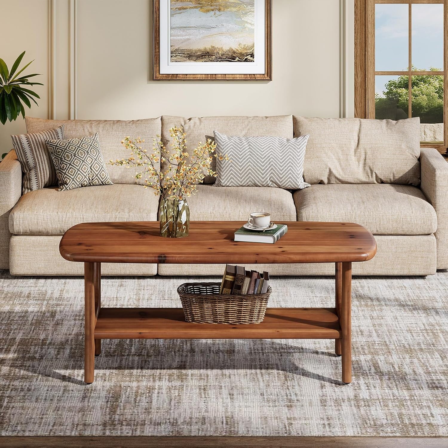 Fimind Solid Wood Coffee Table, 47.24" Mid - Century Modern Rectangle Center Table with 2 - Tier Storage Shelf for Living Room, Small Space