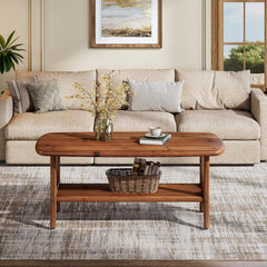 Fimind Solid Wood Coffee Table, 47.24" Mid - Century Modern Rectangle Center Table with 2 - Tier Storage Shelf for Living Room, Small Space