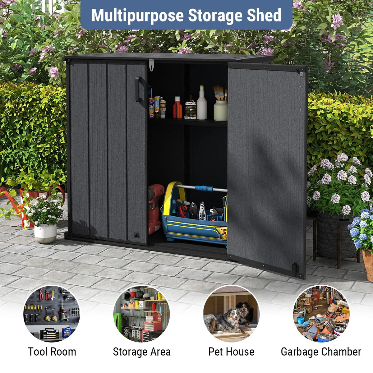 Tangkula 175 Gallon All-Weather Outdoor Storage Box with Lockable Door & Removable Shelf