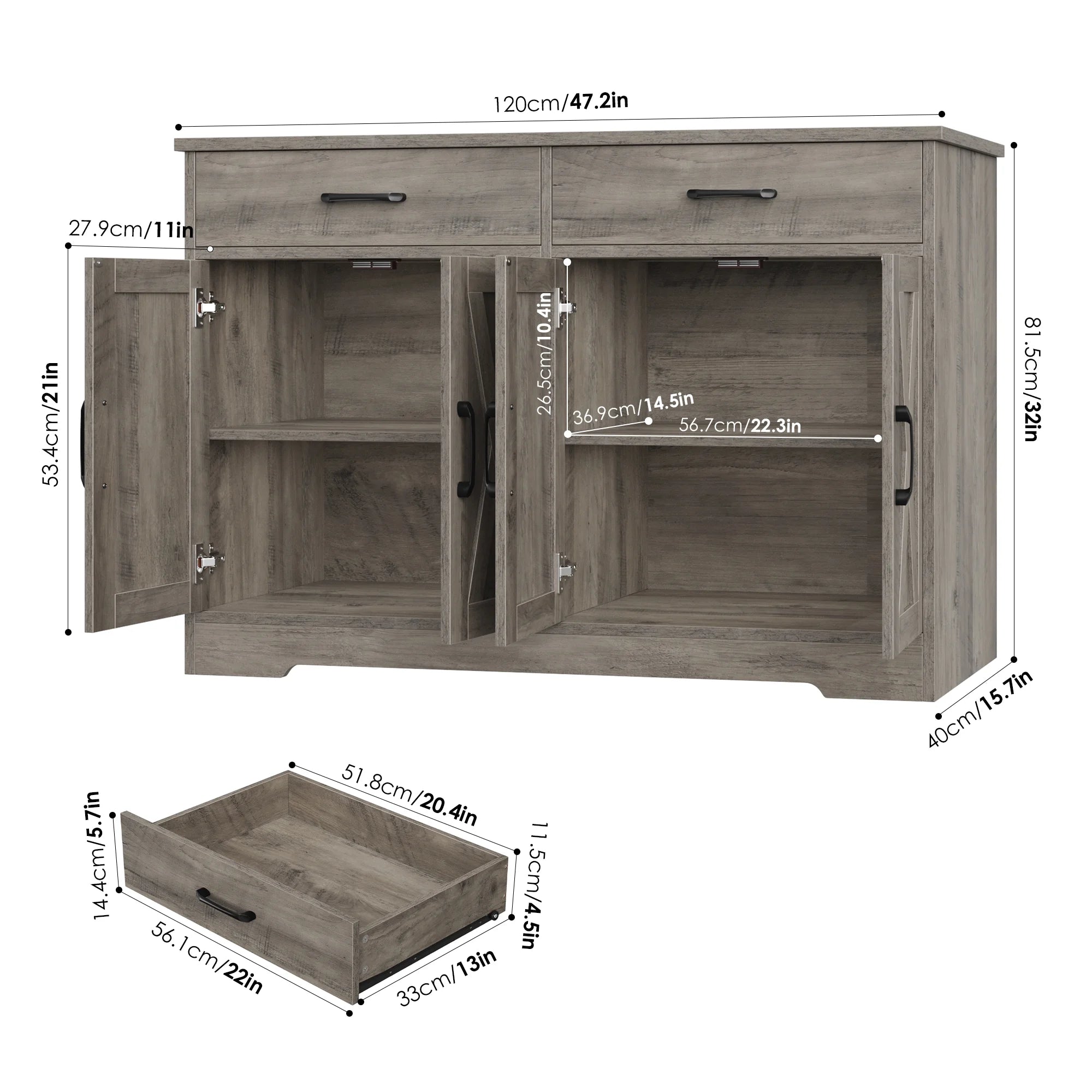Hiphuta 47"farmhouse Sideboard Storage Cabinets with 4 Doors & 2 Drawers, Coffee Bar with Brown Top for Living Room, White