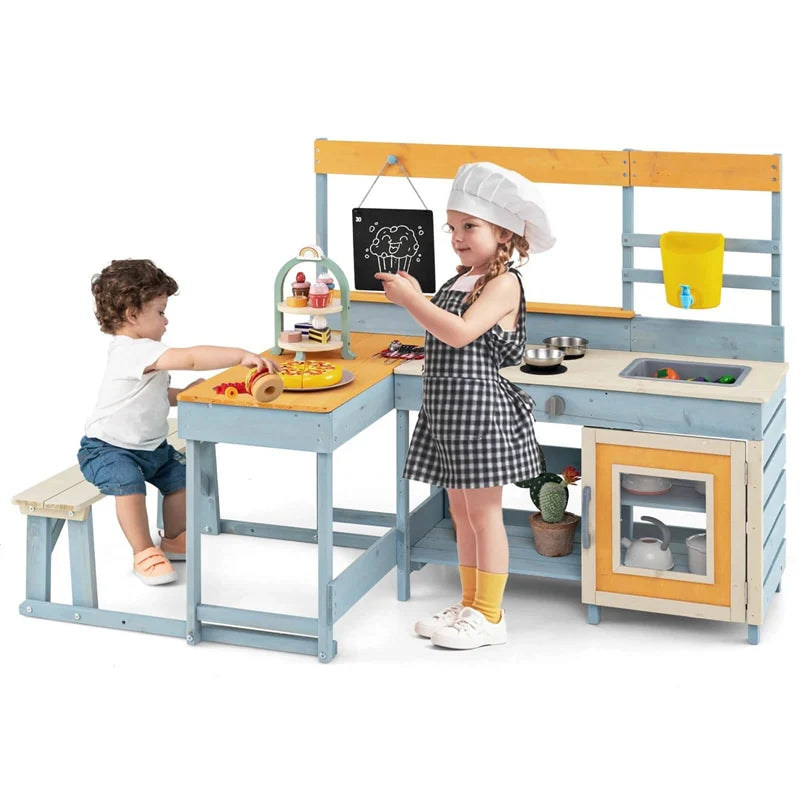 2-in-1 Mud Kitchen & Kids Picnic Table Built-in Bench, Fir Wood Outdoor Play Kitchen Playset with Blackboard, Sink & Cooking Accessories for Ages 3+