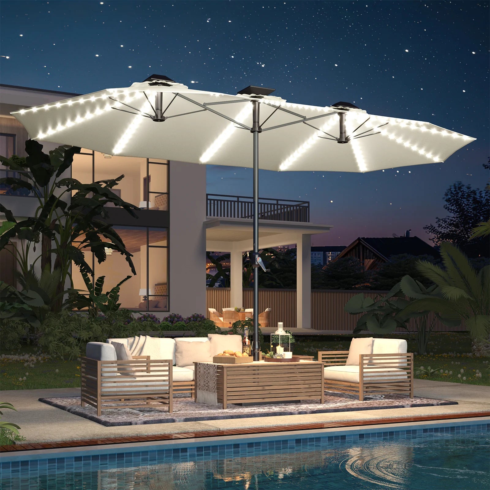 AECOJOY 15ft Patio Double-Sided Umbrella, 156 PCS Solar LED Light Outdoor Large Umbrella, Ivory