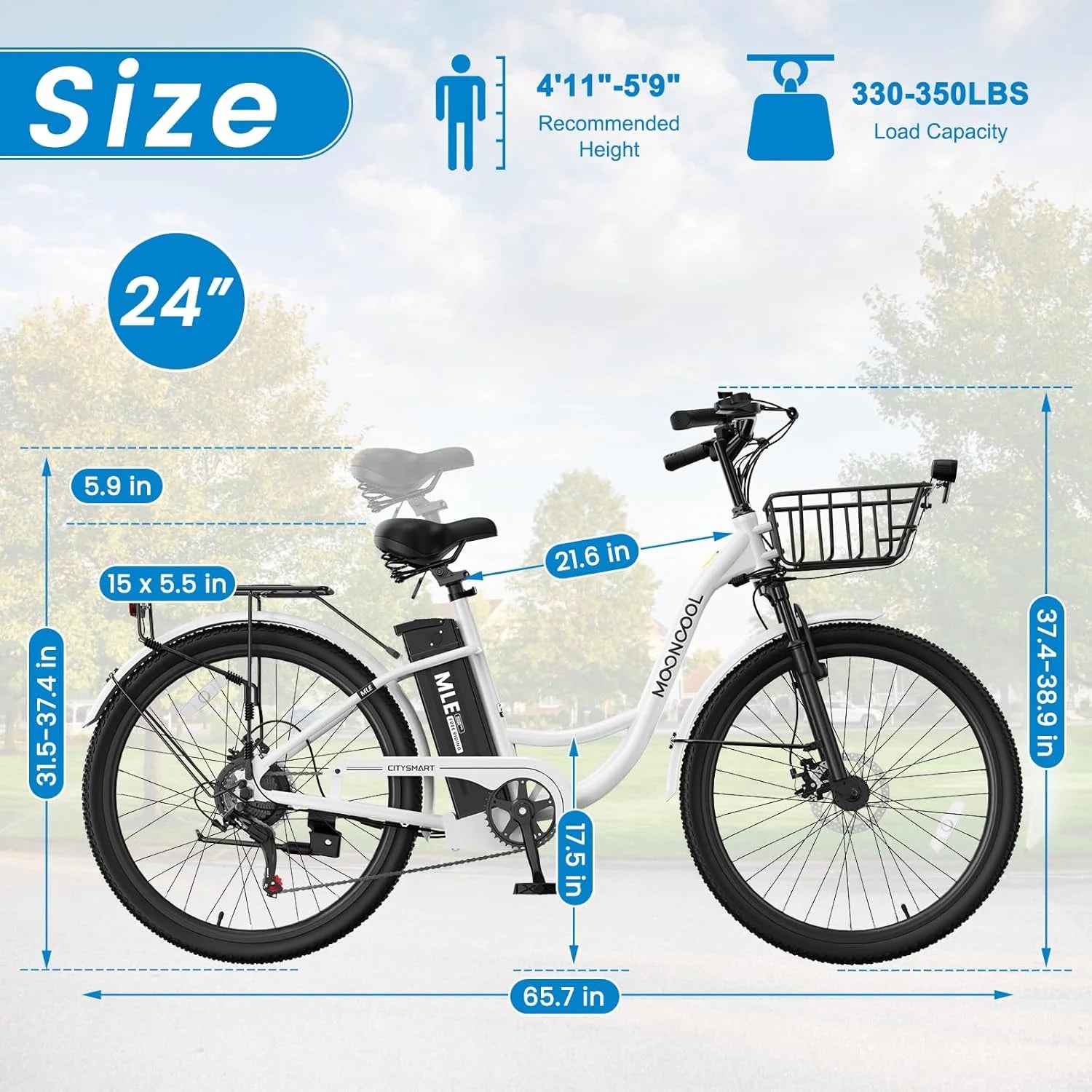 MOONCOOL Electric Bicycle for Adults 350W, 7 - Speed Ebike with 36V 10.4ah Removable Battery， 40 Miles Range, 20 Mph Electric Commuter Bike for Women Men, Certified to UL 2849 by SGS