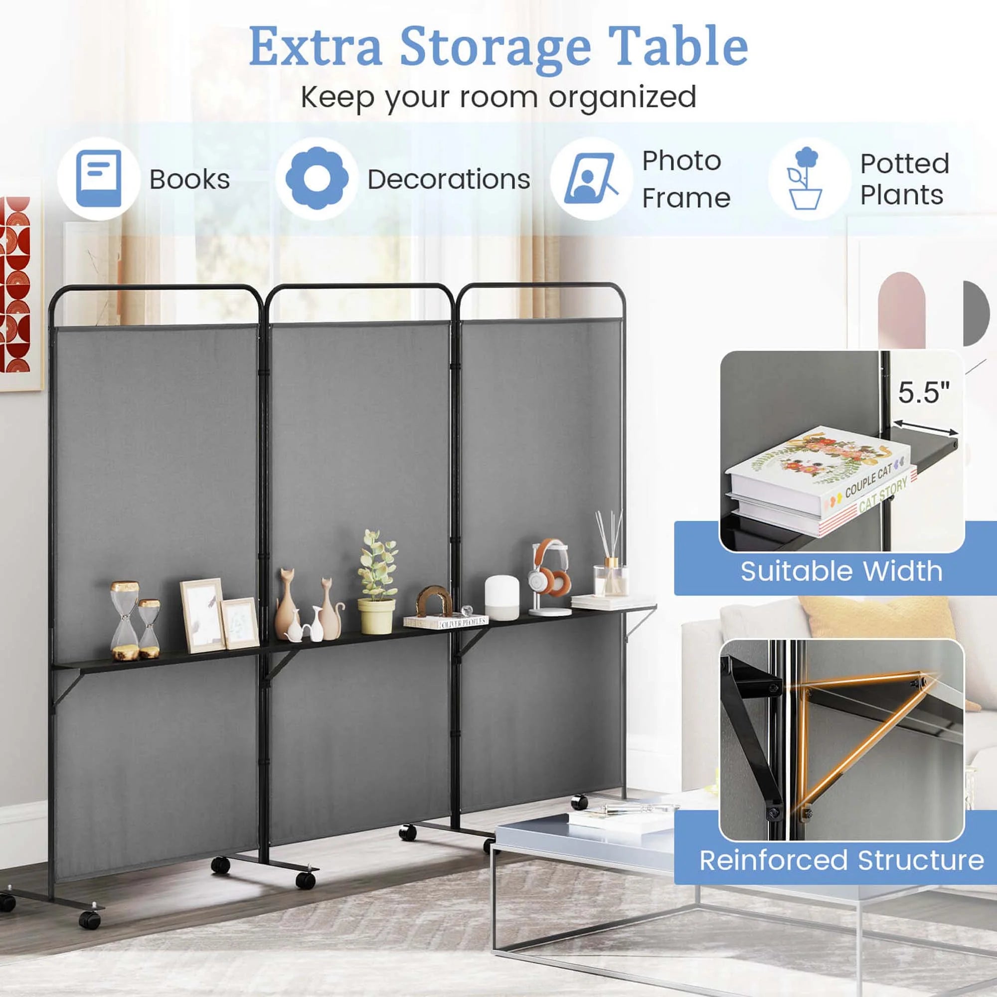 Costway 3 - Panel Room Divider with Storage Shelves 6FT Tall Folding Privacy Screen on Wheels Black