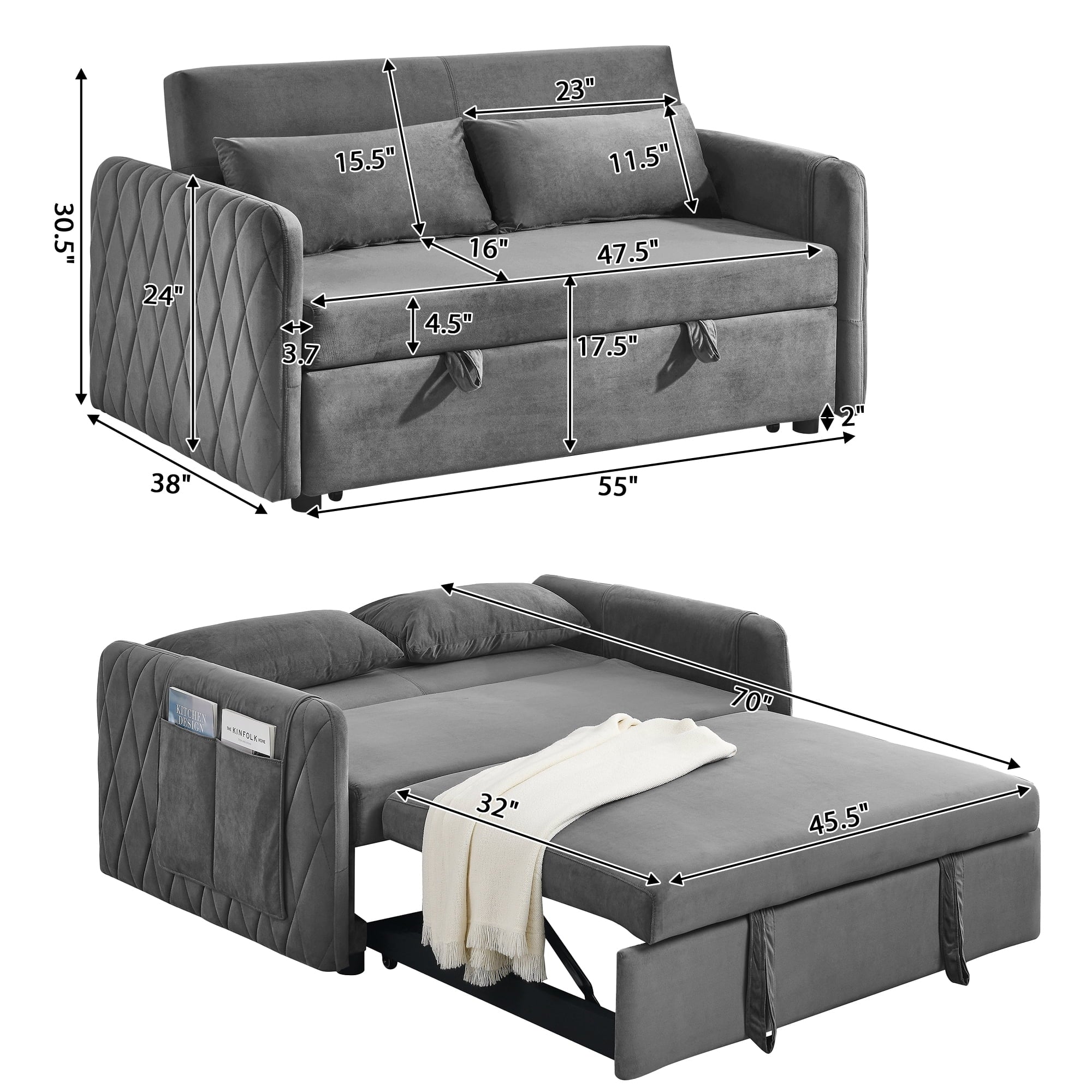 Convertible Sofa Bed, 3 in 1 Sleeper Sofa with 2 Pillows and Adjustable Backrest for Living Room Office, Black
