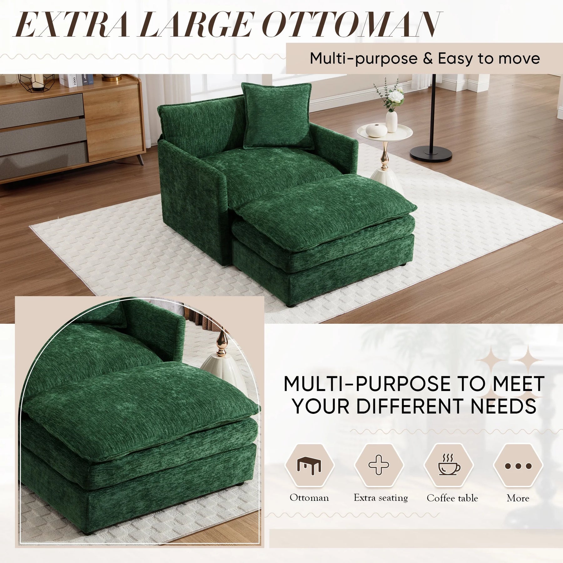 Muumblus Oversized Lounge Chair with Ottoman, Cloud Accent Armchair for Living Room, Beige Chenille