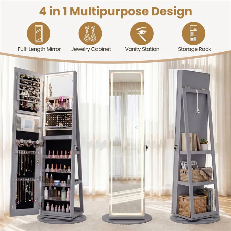 360° Swivel Jewelry Cabinet Armoire w/ Full Length Mirror 3-Color LED Lights & Rear Shelves, Lockable Standing Jewelry Storage Organizer