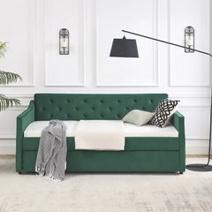 Twin Size Daybed with Trundle, Modern Button Tufted Linen Upholstered Sofa Day Bed Frame with A Roll - Out Trundle, Bedframe Furniture for Bedroom Living Room Guest Room, Green